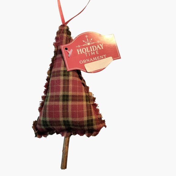 Plaid Christmas Tree Ornament  Red Green Fabric Ribbon Hanger - Picture 2 of 5
